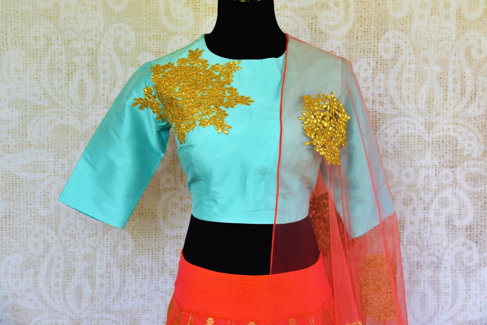 Buy sky blue gota patti silk choli with Banarasi skirt online in USA. Pure Elegance fashion store brings a stunning range of Indian designer lehenga choli in USA for weddings.-choli