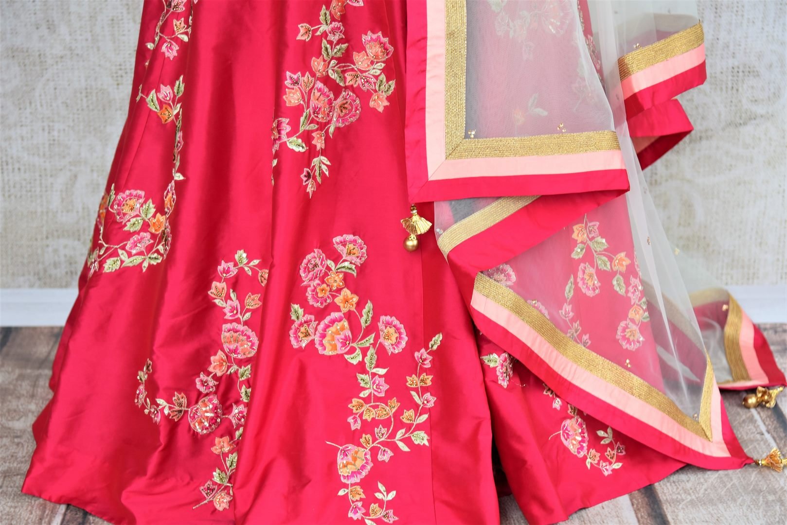 Buy beautiful pink embroidered silk lehenga with dupatta online in USA . The designer lehenga is a captivating choice for weddings. Shop Indian wedding lehengas in USA from an alluring collection available at Pure Elegance clothing store.-skirt