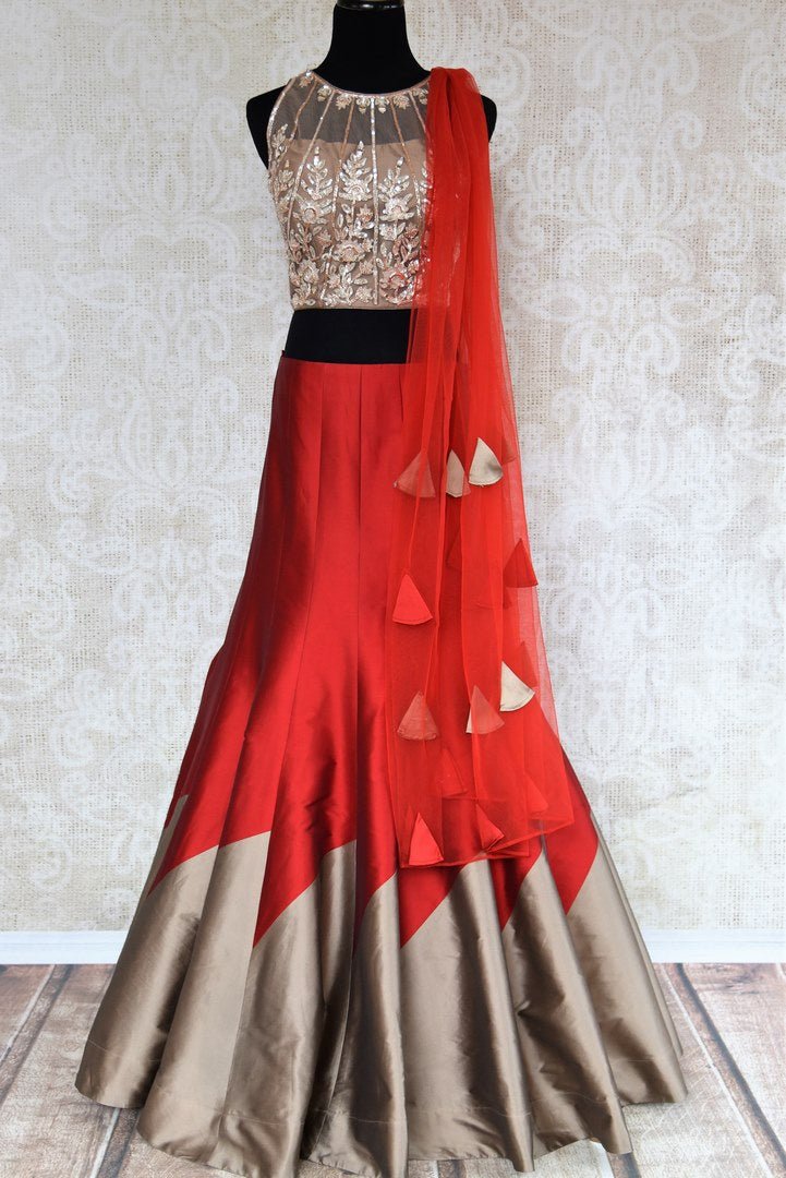 Buy red and grey embroidered designer lehenga with dupatta online in USA . The gorgeous lehenga is a captivating choice for weddings. Shop Indian wedding lehengas in USA from an alluring collection available at Pure Elegance clothing store.-full view