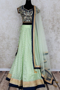 Buy pastel green and blue embroidered chanderi lehenga with dupatta online in USA. Add brilliance to your Indian wedding look with an exquisite range of designer wedding lehengas available at Pure Elegance exclusive clothing store in USA or shop online.-full view