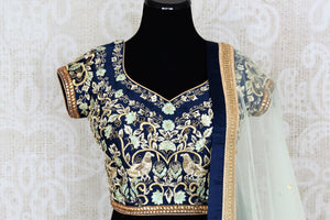 Buy pastel green and blue embroidered chanderi lehenga with dupatta online in USA. Add brilliance to your Indian wedding look with an exquisite range of designer wedding lehengas available at Pure Elegance exclusive clothing store in USA or shop online.-blouse front
