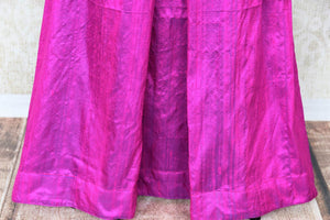 Dreamy hues perfectly captured in this vibrant purple pure silk palazzo skirt to exude the contemporary feels. The handcrafted sea green banarsi silk blouse brings out the traditional element of this Indo-western dress. Shop trendy Indian dresses, fashionable lehenga skirts and blouses online or visit Pure Elegance store in USA. -palazzo skirt