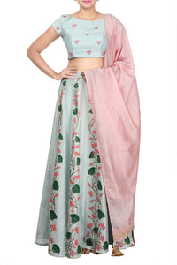 Shop beautiful pastel blue printed lehenga online in USA with pastel pink dupatta. Dazzle at weddings and special occasions in exquisite Indian designer suits, Anarkali suits, Indian wedding lehengas available at Pure Elegance clothing store in USA or shop online.-full view