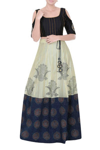 Buy midnight blue crop top with ajrakh print chanderi skirt online in USA. Dazzle at weddings and special occasions in exquisite Indian designer suits, Anarkali suits, Indian wedding lehengas available at Pure Elegance clothing store in USA or shop online.-full view