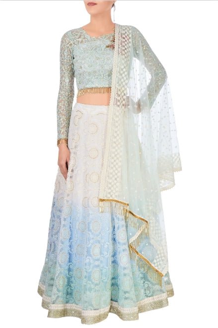 Buy pastel blue and white embroidered chanderi lehenga with net dupatta online in USA. Stand amongst the crowd with an exclusive range of Indian dresses, designer lehengas from Pure Elegance Indian fashion store in USA or shop online.-full view
