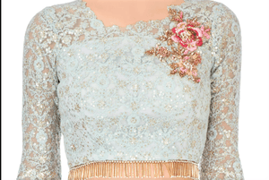 Buy pastel blue and white embroidered chanderi lehenga with net dupatta online in USA. Stand amongst the crowd with an exclusive range of Indian dresses, designer lehengas from Pure Elegance Indian fashion store in USA or shop online.-blouse