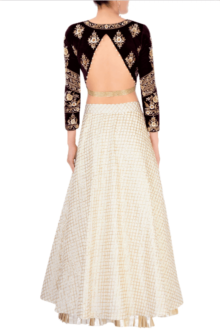 Buy off-white embroidered cotton lehenga online in USA with wine color velvet choli. Stand amongst the crowd with an exclusive range of Indian dresses, designer lehengas from Pure Elegance Indian fashion store in USA or shop online.-back