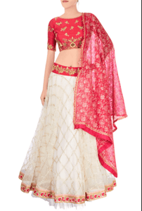 Buy off-white embroidered tule lehenga online in USA with raw silk red choli. Stand amongst the crowd with an exclusive range of Indian dresses, designer lehengas, Indowestern dresses from Pure Elegance Indian fashion store in USA or shop online.-full view