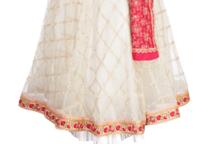 Buy off-white embroidered tule lehenga online in USA with raw silk red choli. Stand amongst the crowd with an exclusive range of Indian dresses, designer lehengas, Indowestern dresses from Pure Elegance Indian fashion store in USA or shop online.-skirt