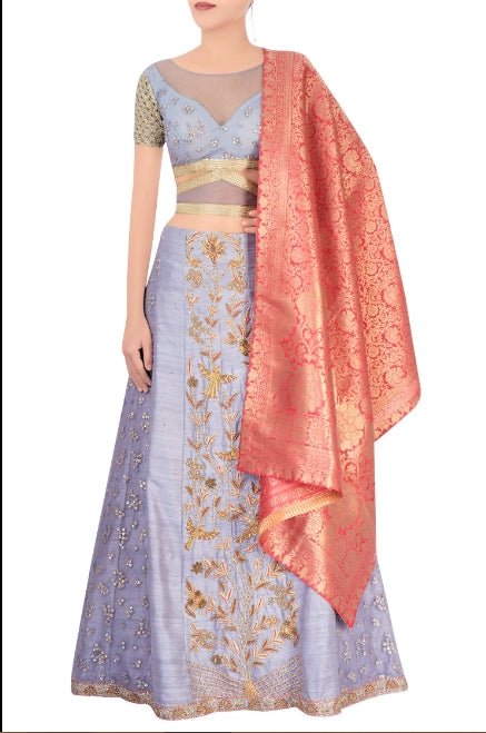 Buy grey zardozi embroidery lehenga with peach Banarasi dupatta online in USA. Grab those eyeballs at special occasions with an exclusive range of Indian dresses, designer lehengas from Pure Elegance Indian fashion store in USA or shop online.-full view