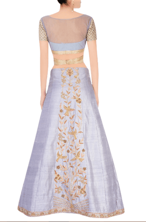 Buy grey zardozi embroidery lehenga with peach Banarasi dupatta online in USA. Grab those eyeballs at special occasions with an exclusive range of Indian dresses, designer lehengas from Pure Elegance Indian fashion store in USA or shop online.-back