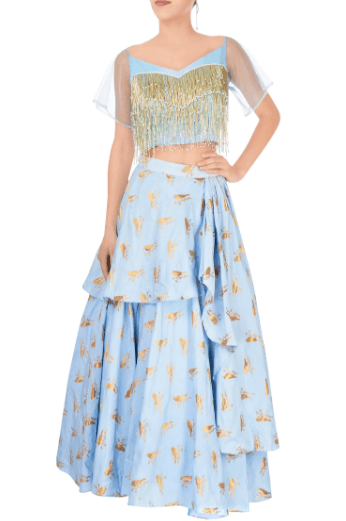 Buy pastel blue layered lehenga online in USA with sweetheart neck crop top. Grab those eyeballs at special occasions with an exclusive range of Indian dresses, designer lehengas from Pure Elegance Indian fashion store in USA or shop online.-full view