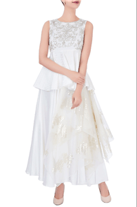 Buy white foil print layered skirt online in USA with embroidered blouse. Grab those eyeballs at special occasions with an exclusive range of Indian dresses, designer lehengas from Pure Elegance Indian fashion store in USA or shop online.-full view