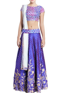 Buy blue & purple raw silk embroidered lehenga online in USA with white net dupatta. Grab those eyeballs at special occasions with an exclusive range of Indian dresses, designer lehengas from Pure Elegance Indian fashion store in USA or shop online.-full view