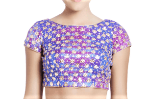 Buy blue & purple raw silk embroidered lehenga online in USA with white net dupatta. Grab those eyeballs at special occasions with an exclusive range of Indian dresses, designer lehengas from Pure Elegance Indian fashion store in USA or shop online.-blouse