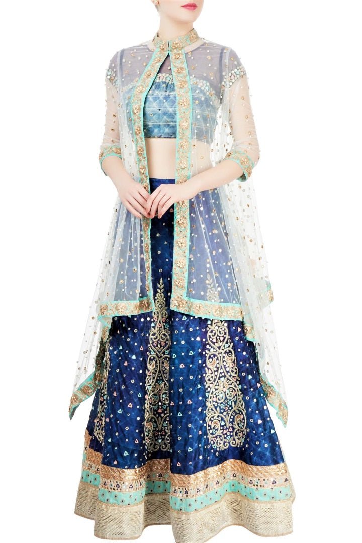 Buy captivating indigo raw silk hand embroidery lehenga with cape online in USA. Grab those eyeballs at special occasions with an exclusive range of Indian dresses, designer lehengas from Pure Elegance Indian fashion store in USA or shop online.-full view