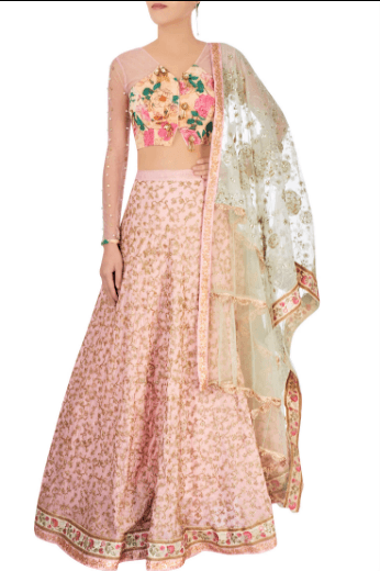 Shop dusty pink & pastel green embroidered raw silk lehenga online in USA. Grab those eyeballs at special occasions with an exclusive range of Indian dresses, designer lehengas from Pure Elegance Indian fashion store in USA or shop online.-full view