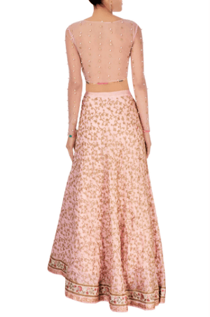 Shop dusty pink & pastel green embroidered raw silk lehenga online in USA. Grab those eyeballs at special occasions with an exclusive range of Indian dresses, designer lehengas from Pure Elegance Indian fashion store in USA or shop online.-back