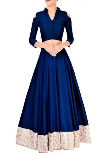 Buy electric blue silk skirt with raw silk crop top online in USA. Give a touch of elegance to your style with an exclusive range of Indian dresses, designer lehengas from Pure Elegance Indian fashion store in USA or shop online.-full view