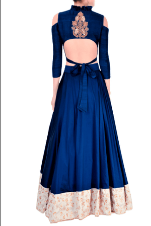 Buy electric blue silk skirt with raw silk crop top online in USA. Give a touch of elegance to your style with an exclusive range of Indian dresses, designer lehengas from Pure Elegance Indian fashion store in USA or shop online.-back