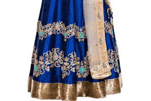 Buy royal blue embroidered lehenga online in USA with beige blouse. Give a touch of elegance to your style with an exclusive range of Indian dresses, designer lehengas from Pure Elegance Indian fashion store in USA or shop online.-skirt