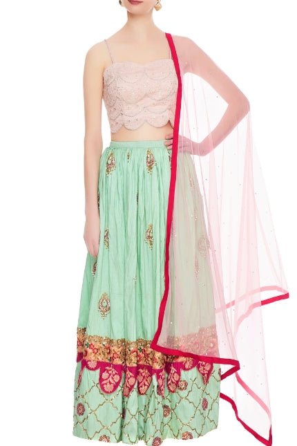 Buy beautiful mint green raw silk lehenga with pink chanderi blouse online in USA. Give a touch of elegance to your style with an exclusive range of Indian formal dresses, designer lehengas, Anarkali dresses from Pure Elegance Indian fashion store in USA or shop online.-full view