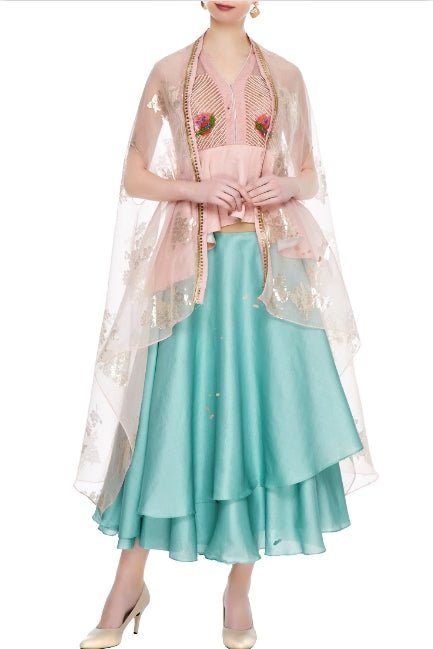 Buy pastel blue layered skirt with dusty pink peplum top online in USA. Give a touch of elegance to your style with an exclusive range of Indian formal dresses, designer lehengas, Indowestern dresses from Pure Elegance Indian fashion store in USA or shop online.-full view