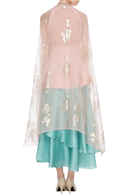 Buy pastel blue layered skirt with dusty pink peplum top online in USA. Give a touch of elegance to your style with an exclusive range of Indian formal dresses, designer lehengas, Indowestern dresses from Pure Elegance Indian fashion store in USA or shop online.-back