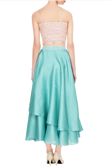 Buy pastel blue layered skirt online in USA with dusty pink chanderi bustier. Add a flavor of glamor with an exclusive range of Indian formal dresses, designer lehengas, Indowestern dresses from Pure Elegance Indian fashion store in USA or shop online.-back