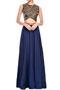 Buy Indowestern blue metal work crop top with skirt online in USA. Be an ethnic style diva in beautiful Indian clothing from Pure Elegance clothing store. We have a range of wedding lehengas, designer sarees, bridal saris, Indian dresses in USA online and in our store. Shop now. -full view