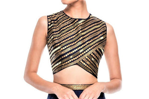 Buy Indowestern blue metal work crop top with skirt online in USA. Be an ethnic style diva in beautiful Indian clothing from Pure Elegance clothing store. We have a range of wedding lehengas, designer sarees, bridal saris, Indian dresses in USA online and in our store. Shop now. -crop top