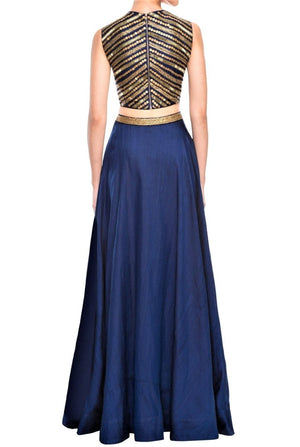 Buy Indowestern blue metal work crop top with skirt online in USA. Be an ethnic style diva in beautiful Indian clothing from Pure Elegance clothing store. We have a range of wedding lehengas, designer sarees, bridal saris, Indian dresses in USA online and in our store. Shop now. -full view 2