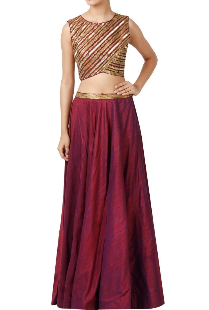 Buy Indowestern wine color metal work crop top with skirt online in USA. Be an ethnic style diva in beautiful Indian clothing from Pure Elegance clothing store. We have a range of wedding lehengas, designer saris, bridal sarees, Indian dresses in USA online and in our store. Shop now. -full vie
