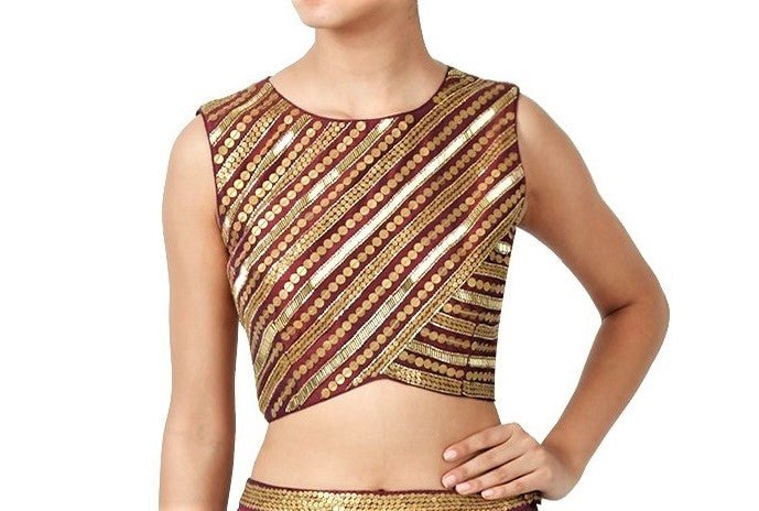 Buy Indowestern wine color metal work crop top with skirt online in USA. Be an ethnic style diva in beautiful Indian clothing from Pure Elegance clothing store. We have a range of wedding lehengas, designer saris, bridal sarees, Indian dresses in USA online and in our store. Shop now. -top