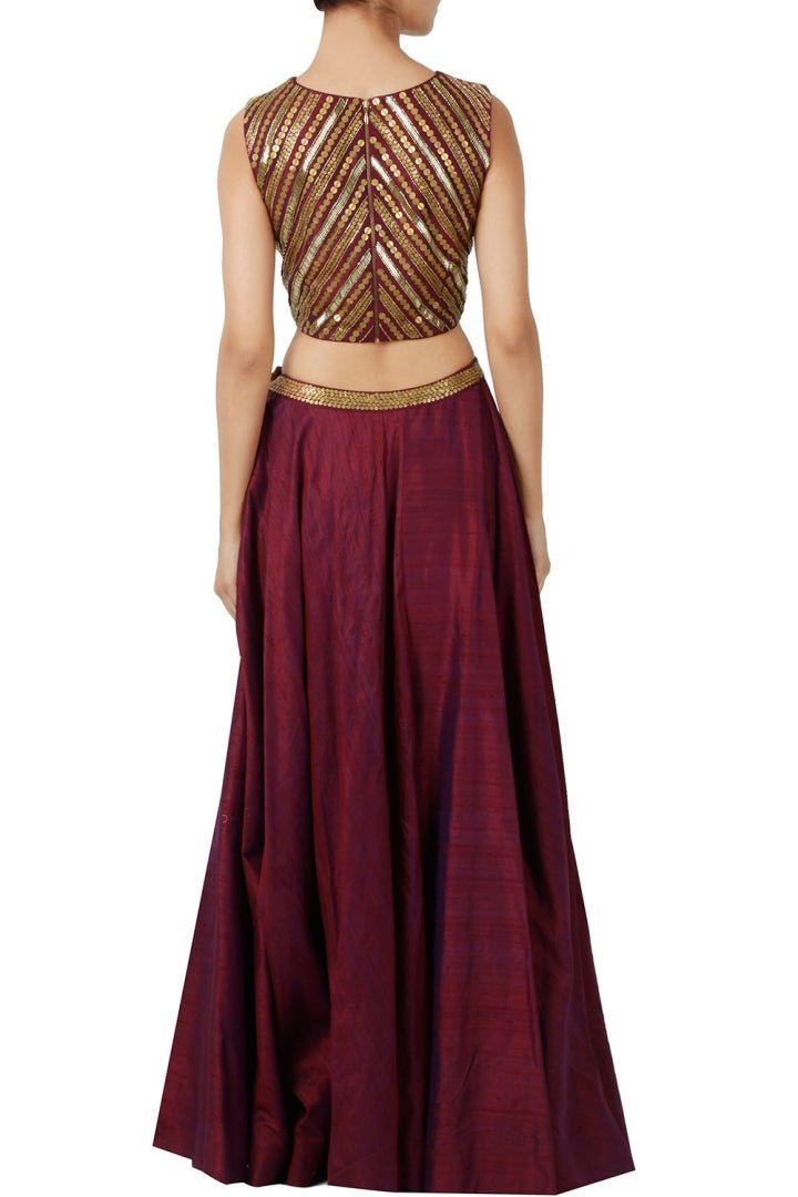 Buy Indowestern wine color metal work crop top with skirt online in USA. Be an ethnic style diva in beautiful Indian clothing from Pure Elegance clothing store. We have a range of wedding lehengas, designer saris, bridal sarees, Indian dresses in USA online and in our store. Shop now. -back