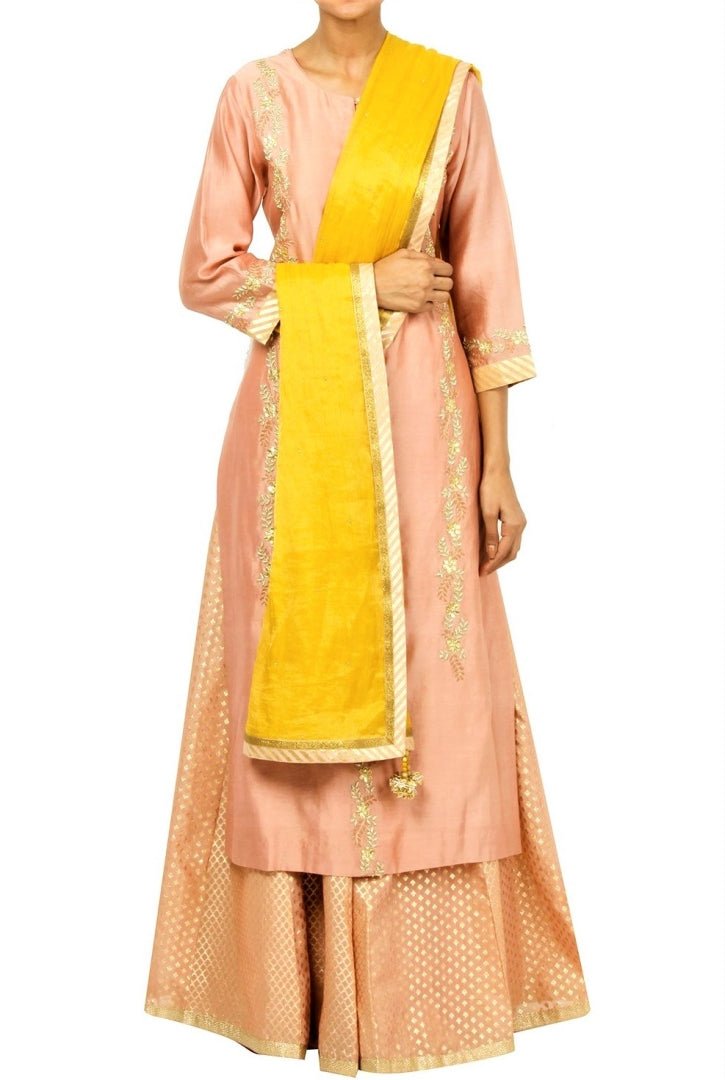 Buy ethnic old rose chanderi kurta skirt set with dupatta online in USA. Shine with rich ethnic outfits at weddings and special occasions from Pure Elegance clothing store in USA. A beautiful collection of Indian designer dresses, wedding lehengas, wedding sarees, and much more is waiting for you on online and in our store.-full view