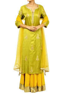Buy green gota patti embroidery kurta with yellow skirt online in USA. Shine with rich ethnic outfits at weddings and special occasions from Pure Elegance clothing store in USA. A beautiful collection of Indian designer dresses, wedding lehengas, wedding sarees, and much more is waiting for you on online and in our store.-full view