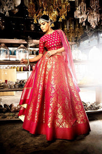 Buy ombre pink red Banarasi lehenga online in USA with dupatta. Shine with rich ethnic outfits at weddings and special occasions from Pure Elegance clothing store in USA. An exquisite collection of Indian designer dresses, wedding lehengas, party dresses, and much more is waiting for you on online and in our store.-full view