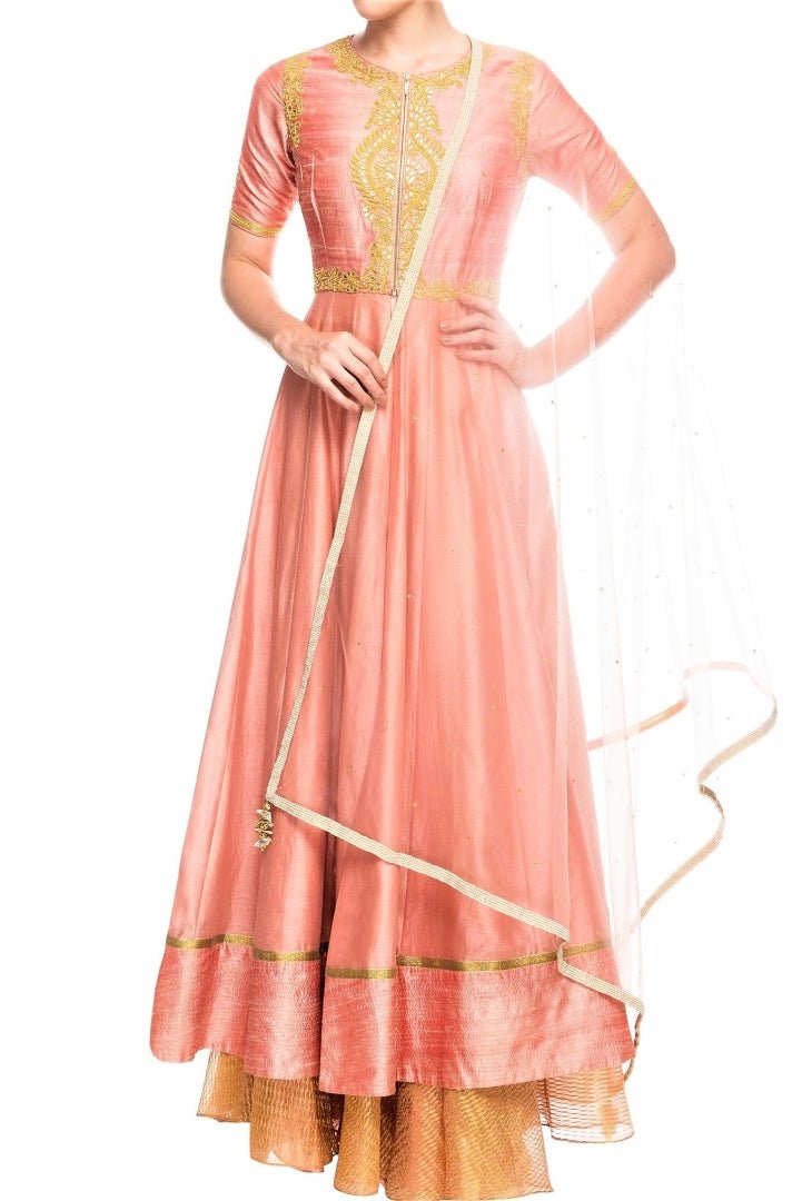 Buy peach gota patti embroidery Anarkali skirt set online in USA with dupatta. Shine with rich ethnic outfits at weddings and special occasions from Pure Elegance clothing store in USA. An exquisite collection of Indian designer dresses, wedding lehengas, party dresses, and much more is waiting for you on online and in our store.-full view