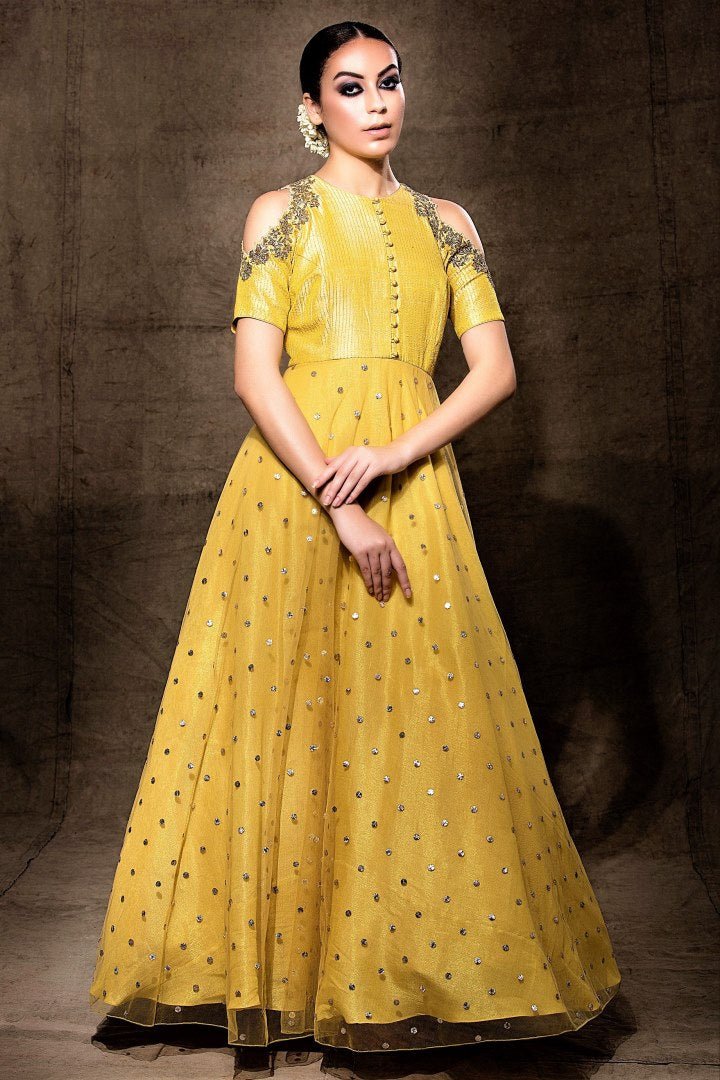 Buy elegant yellow embroidered cold shoulder Anarkali online in USA with dupatta. Shine with rich ethnic outfits at weddings and special occasions from Pure Elegance clothing store in USA. An exquisite collection of Indian designer dresses, wedding lehengas, party dresses, and much more is waiting for you on online and in our store.-full view