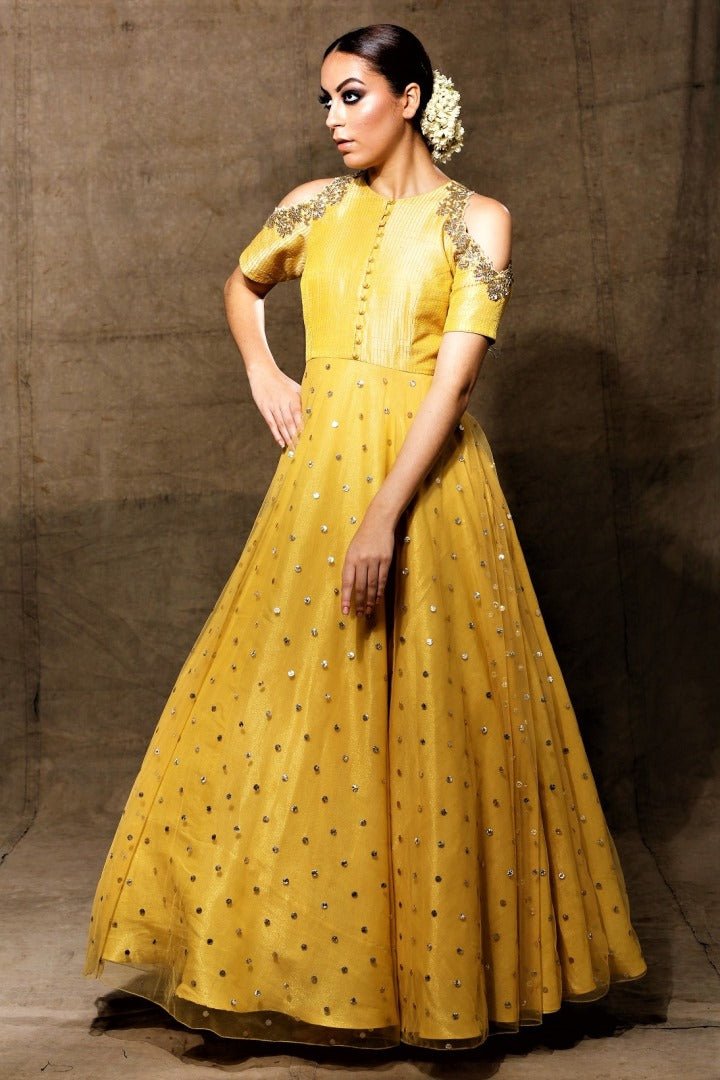 Buy elegant yellow embroidered cold shoulder Anarkali online in USA with dupatta. Shine with rich ethnic outfits at weddings and special occasions from Pure Elegance clothing store in USA. An exquisite collection of Indian designer dresses, wedding lehengas, party dresses, and much more is waiting for you on online and in our store.-full view 2