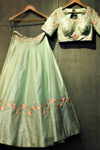 Buy sea green gota patti embroidery lehenga with choli online in USA. It comes with a matching dupatta. Find more such exquisite designer lehengas at Pure Elegance online store. You can also give us a visit at our exclusive Indian fashion store in USA and shop from a range of beautiful Indian lehengas, wedding dresses, Anarkalis and much more.-full view