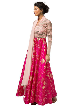 Buy dusty pink and hot pink embroidered Anarkali with draped dupatta online in USA. Revamp your wardrobe with an exquisite variety of designer dresses, designer gowns, wedding lehengas, Anarkali suits, Indian sarees from Pure Elegance Indian clothing store in USA or from our online store. -full view