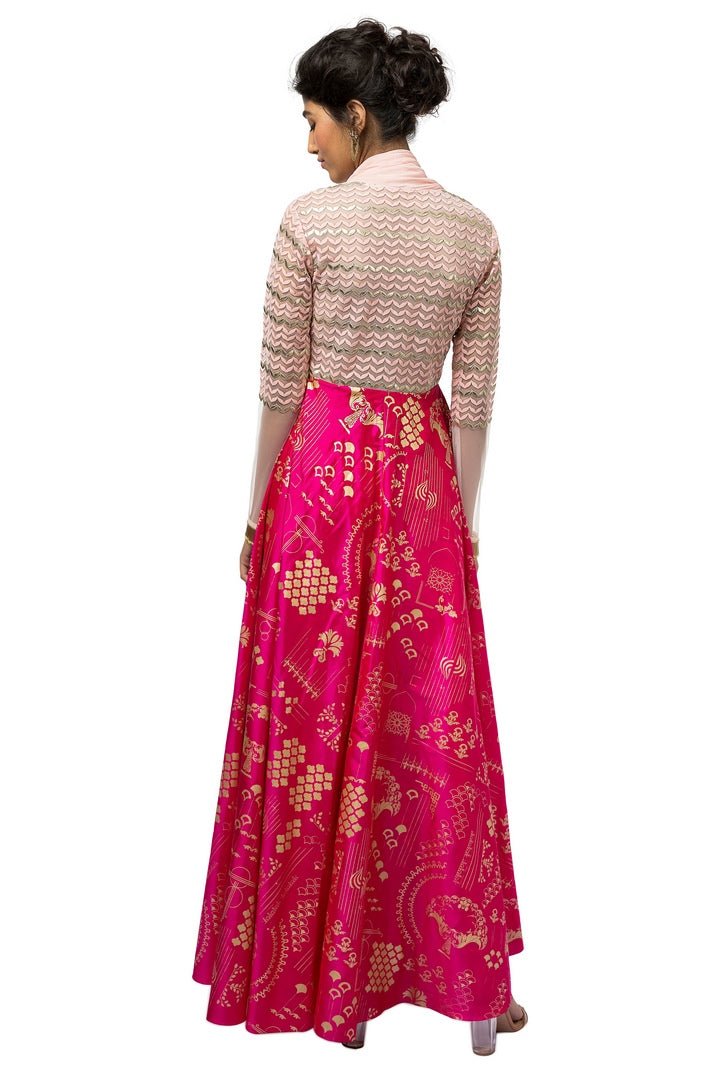 Buy dusty pink and hot pink embroidered Anarkali with draped dupatta online in USA. Revamp your wardrobe with an exquisite variety of designer dresses, designer gowns, wedding lehengas, Anarkali suits, Indian sarees from Pure Elegance Indian clothing store in USA or from our online store. -back