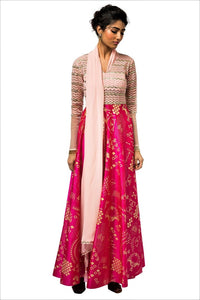 Buy dusty pink and hot pink embroidered Anarkali with draped dupatta online in USA. Revamp your wardrobe with an exquisite variety of designer dresses, designer gowns, wedding lehengas, Anarkali suits, Indian sarees from Pure Elegance Indian clothing store in USA or from our online store. -front