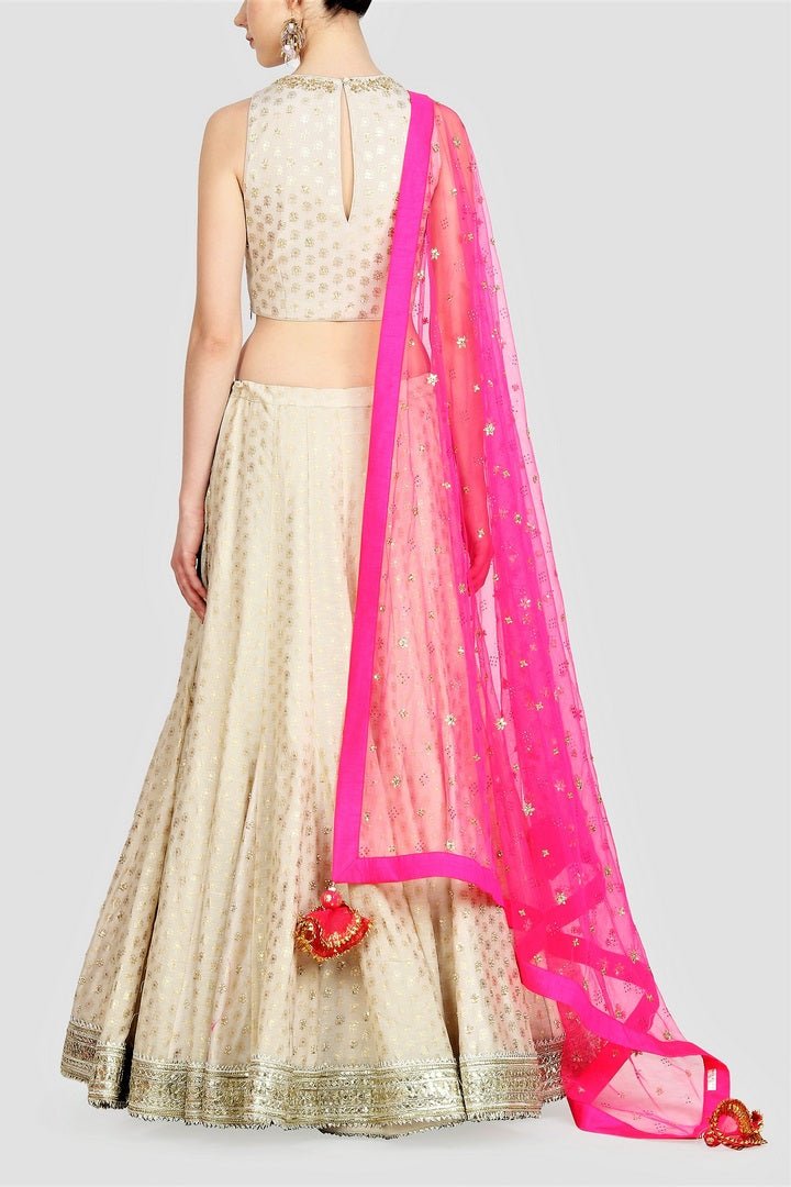 Buy off-white foil print lehenga online in USA with pink embroidered net dupatta. For more such gorgeous designer lehengas, shop at Pure Elegance Indian fashion store in USA. A beautiful range of traditional sarees and clothing is available for Indian women living in USA. You can also shop at our online store.-back
