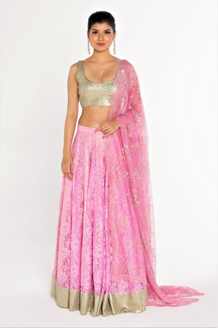 Buy gorgeous light pink lace lehenga with sequin border online in USA at Pure Elegance online store. Give yourself a brilliant makeover with a range of exquisite Indian designer sarees from our clothing store in USA. We also bring the best Indian dresses for brides in USA under one roof. Shop now.-full view