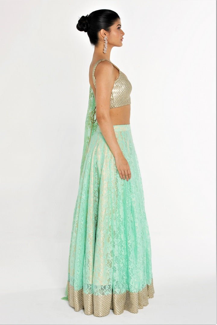 Buy gorgeous pista green lace lehenga online in USA with sequin border at Pure Elegance online store. Give yourself a brilliant makeover with a range of exquisite Indian designer sarees from our clothing store in USA. We also bring the best Indian dresses for brides in USA under one roof. Shop now.-right