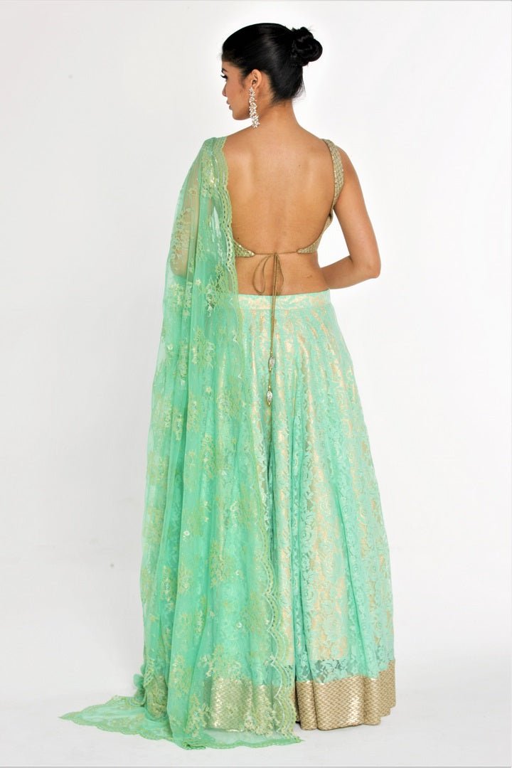 Buy gorgeous pista green lace lehenga online in USA with sequin border at Pure Elegance online store. Give yourself a brilliant makeover with a range of exquisite Indian designer sarees from our clothing store in USA. We also bring the best Indian dresses for brides in USA under one roof. Shop now.-back