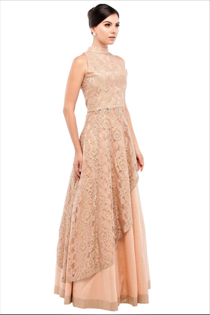 Buy toasted almond lace asymmetric top with silk skirt online in USA at Pure Elegance online store. Get a gorgeous ethnic look with a range of exquisite Indian designer lehengas from our clothing store in USA. We also bring the best Indian dresses for brides in USA under one roof. Shop now.-right
